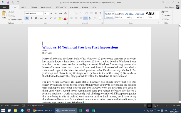 Word 2013 on Windows 10